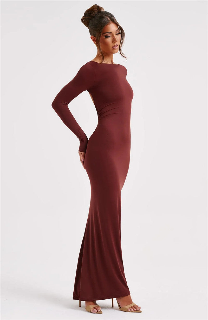 Natalie Backless Ruched Bodycon Maxi Dress