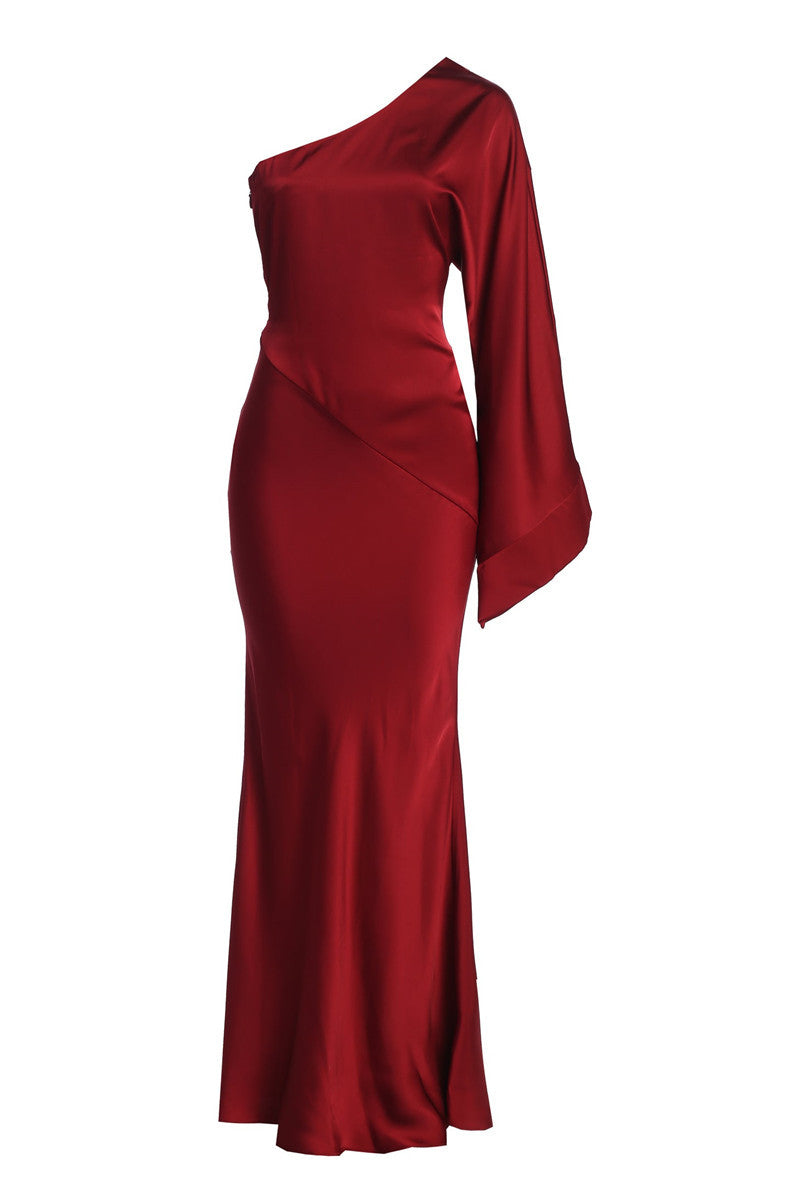 Janet Satin One Shoulder Sexy Maxi Dress