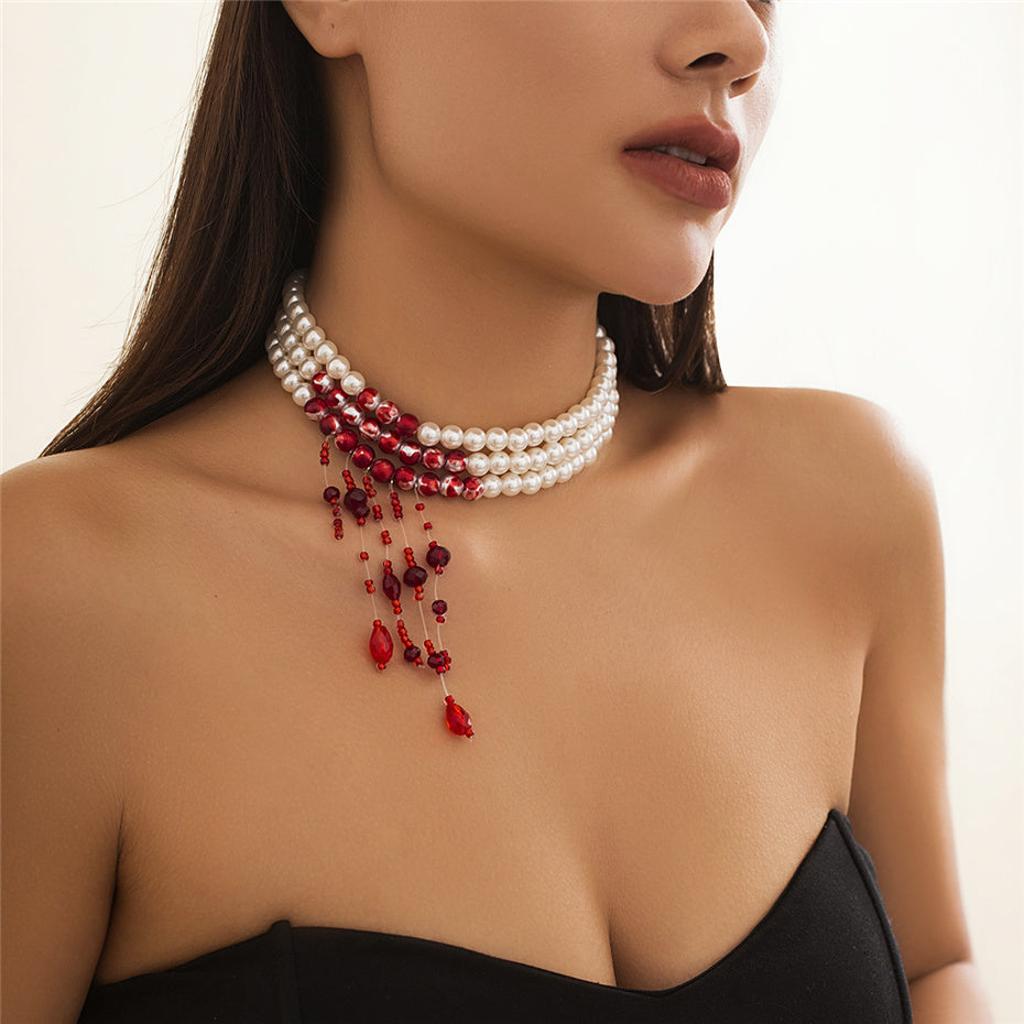 Beatrice Red Blood Pattern Pearl Tassel Pendant Necklace