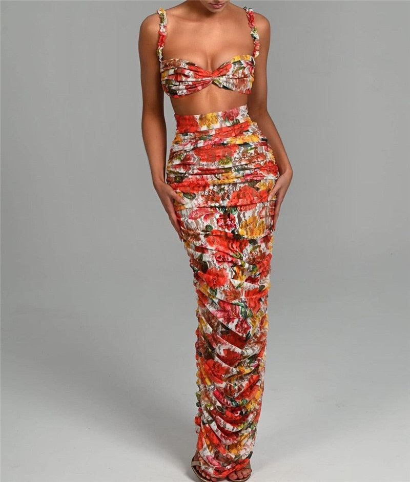 Andrea Strapless Ruched Print Sexy Top And Skirt Set