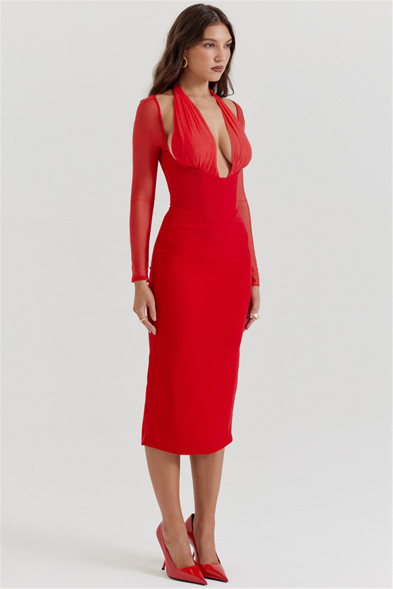 Molly Halter Deep V Neck Sexy Midi Dress