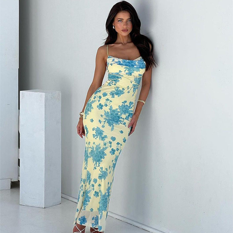 Alexandra Spaghetti Strap Backless Print Maxi Dress