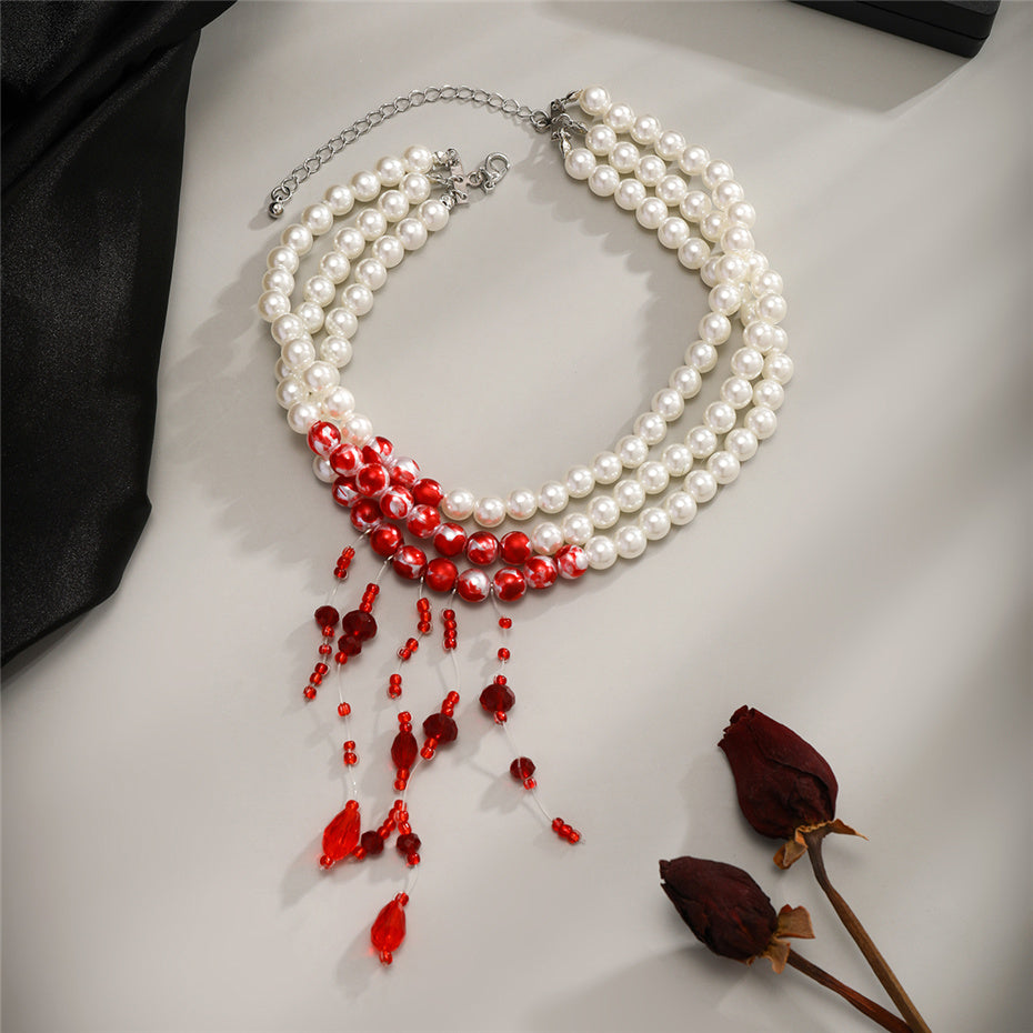 Beatrice Red Blood Pattern Pearl Tassel Pendant Necklace