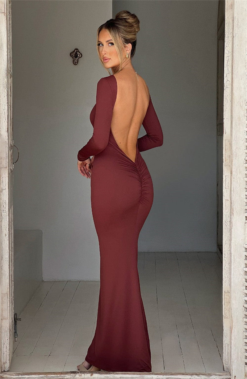 Natalie Backless Ruched Bodycon Maxi Dress