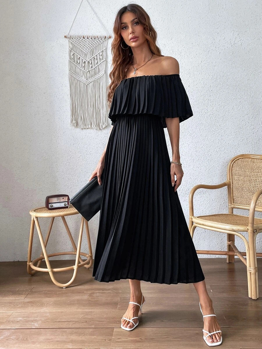 Adriana Pleated Backless Off Shoulder Long Dress