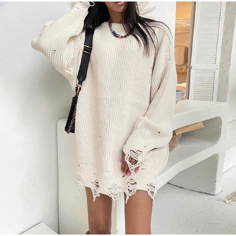 Dawn Ripped Crew Neck Long Sleeve Women Knit Sweater