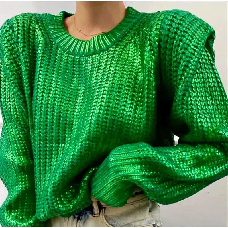 Mary O Neck Shiny Metallic Color Knit Women Sweater