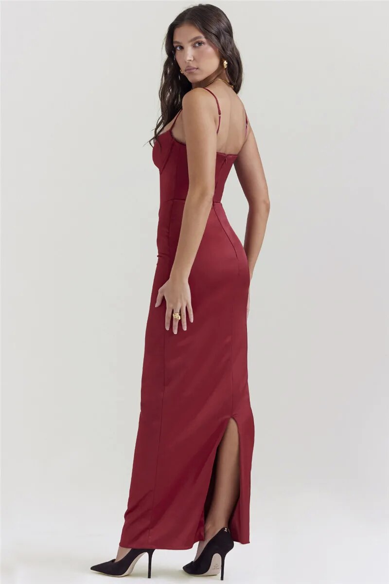 Rose Satin Spaghetti Strap Backless Bodycon Maxi Dress