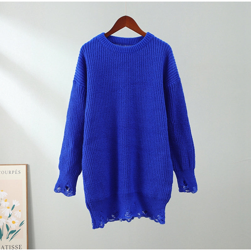 Dawn Ripped Crew Neck Long Sleeve Women Knit Sweater