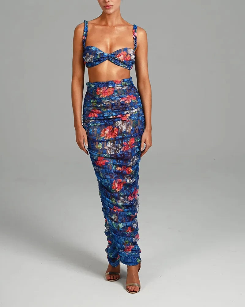 Andrea Strapless Ruched Print Sexy Top And Skirt Set