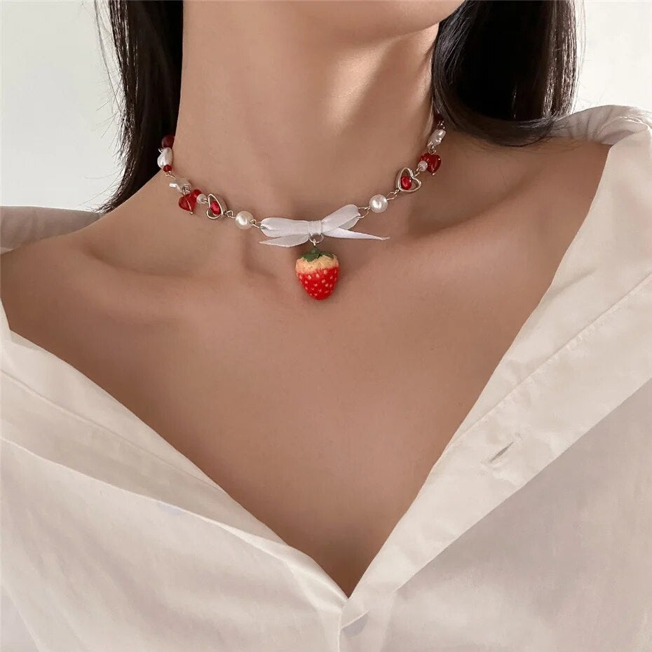 Rose Chain Strawberry Pendant Necklace