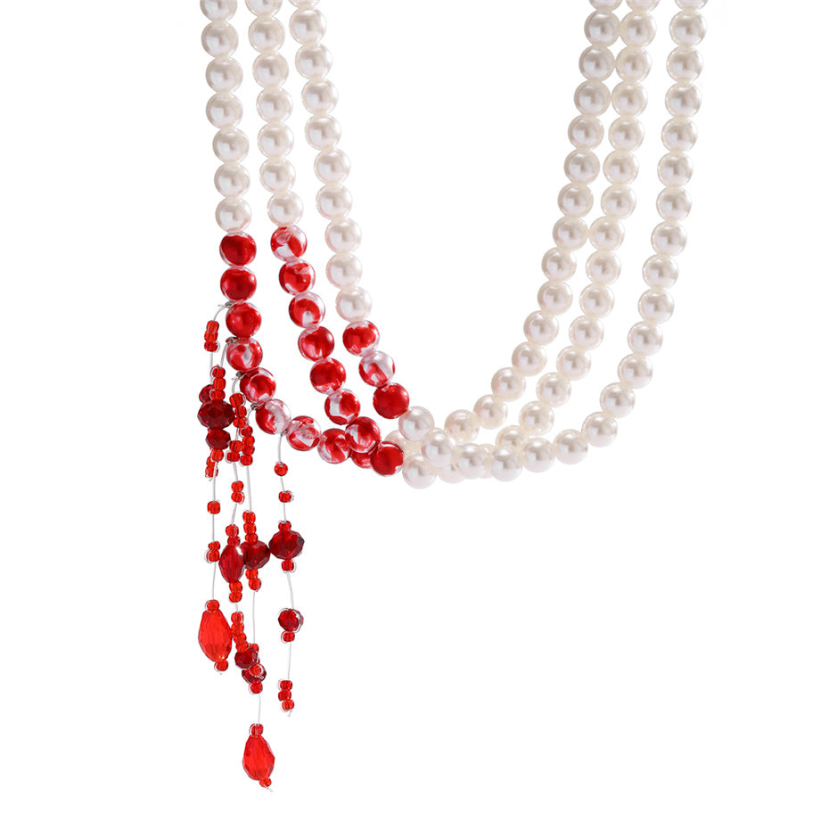 Beatrice Red Blood Pattern Pearl Tassel Pendant Necklace