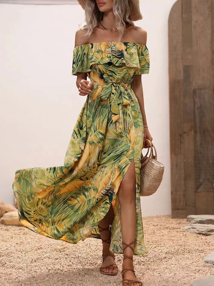 Angela Backless Off Shoulder Slit Boho Maxi Dress