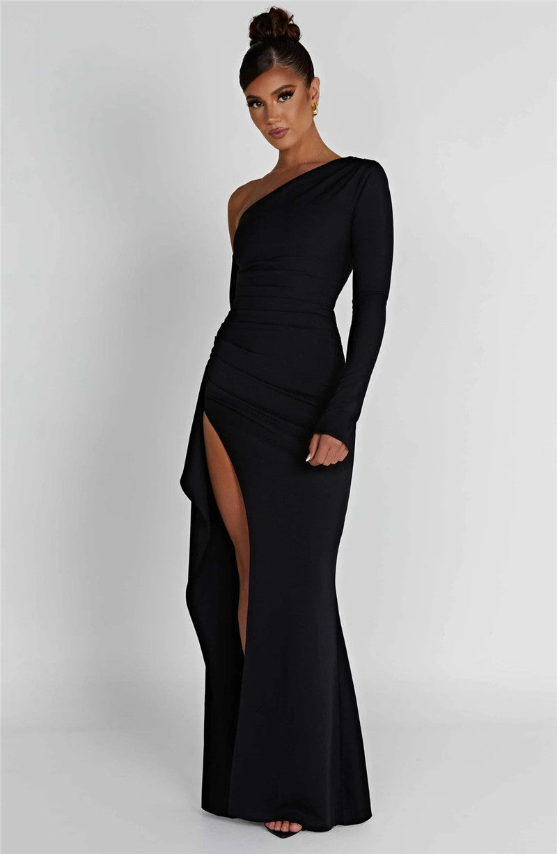 Jenna Oblique Shoulder Thigh High Split Maxi Dress