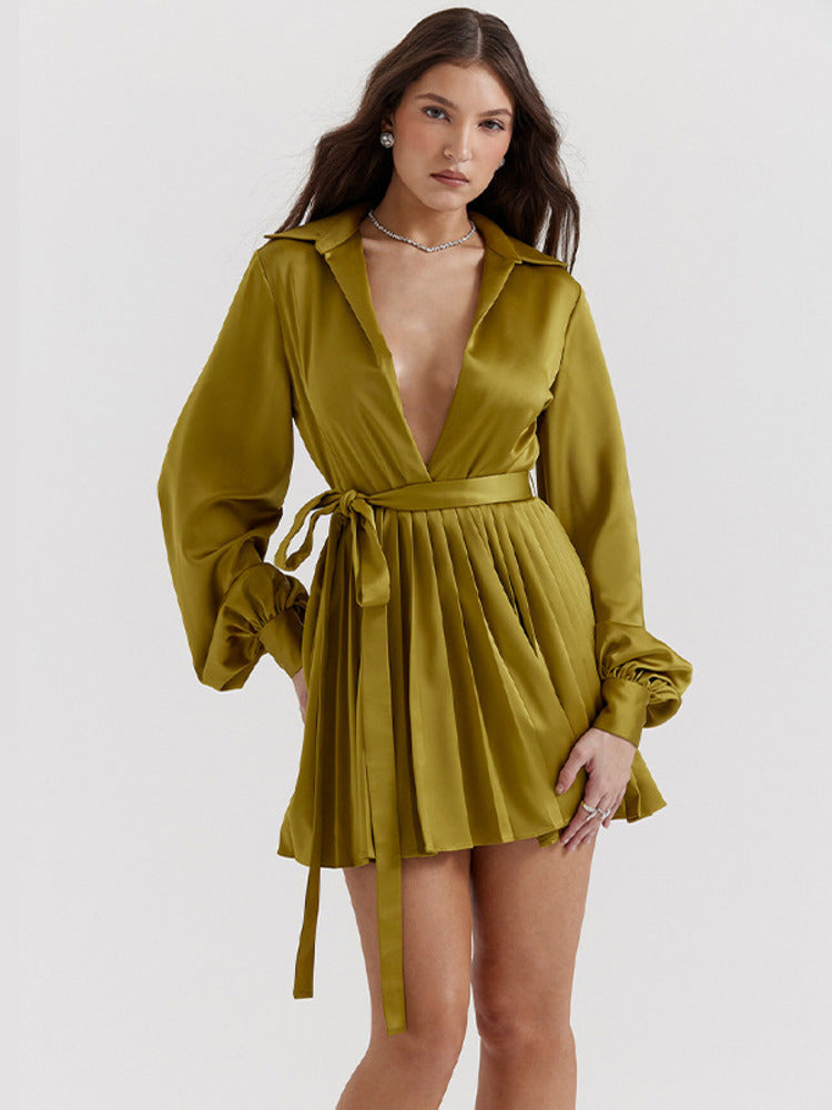 Chantal Satin Pleated Sexy Shirt Dress