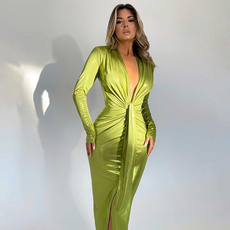 Abby Deep V Neck Long Sleeve Bodycon Maxi Dress