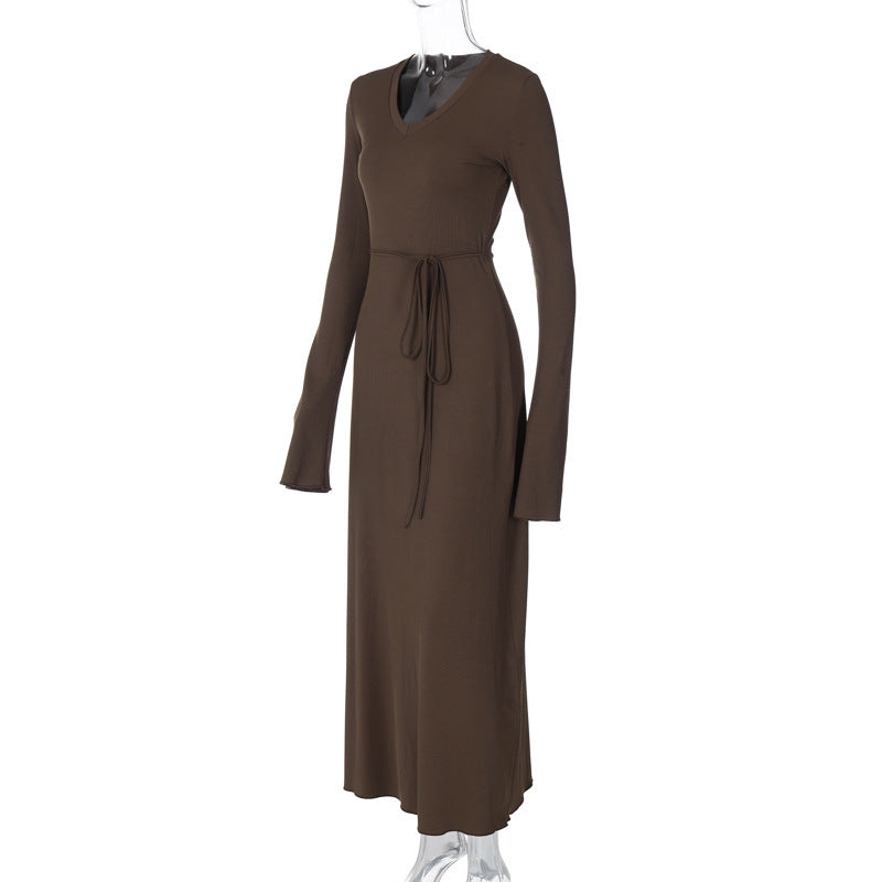 Lorraine V Neck Lace-up Long Sleeve Maxi Dress