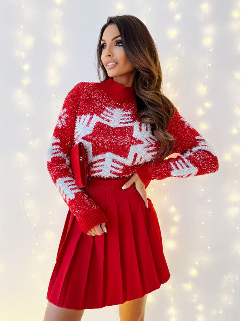 Heather Snowflake Pattern Full Sleeve Mock-neck Women Sweater