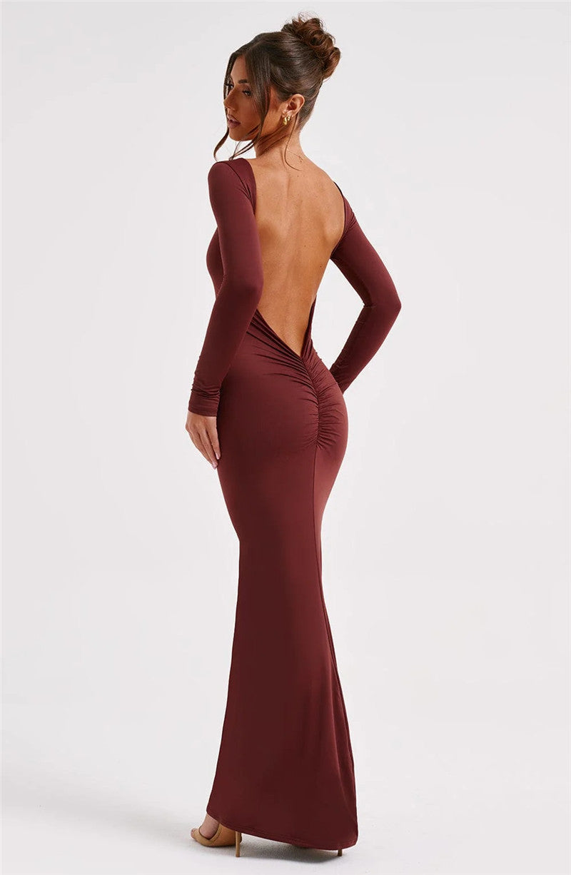 Natalie Backless Ruched Bodycon Maxi Dress