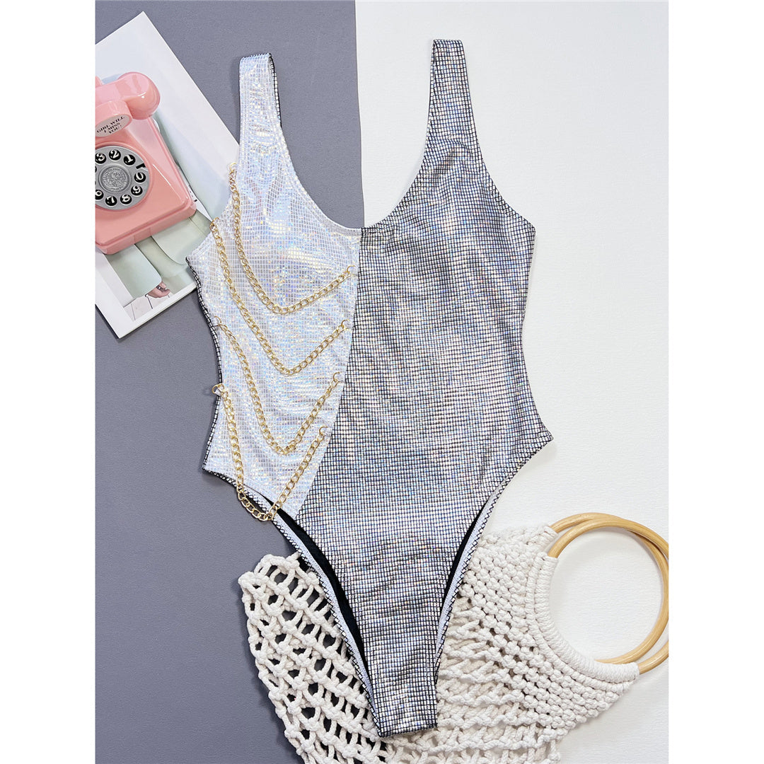 Wendy Splicing Shiny Sequins Metal Chains Monokini