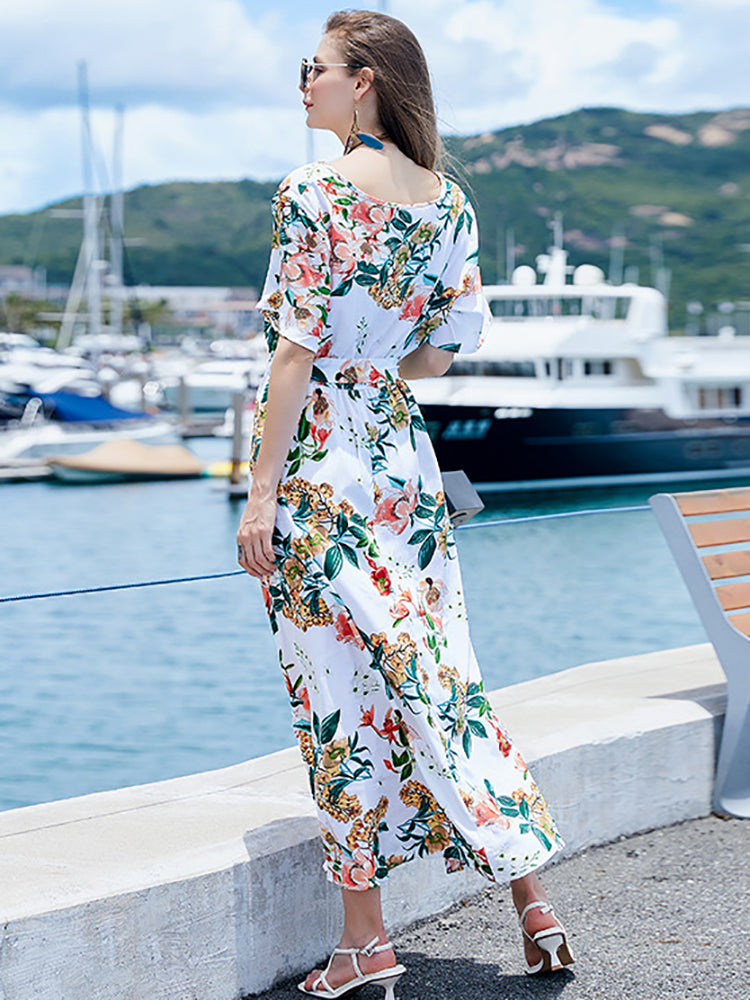 Lillian Floral Casual Slit Big Hem V Neck Maxi Dress