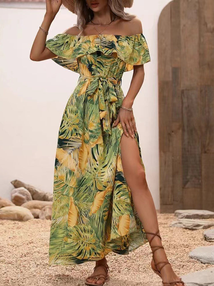 Angela Backless Off Shoulder Slit Boho Maxi Dress