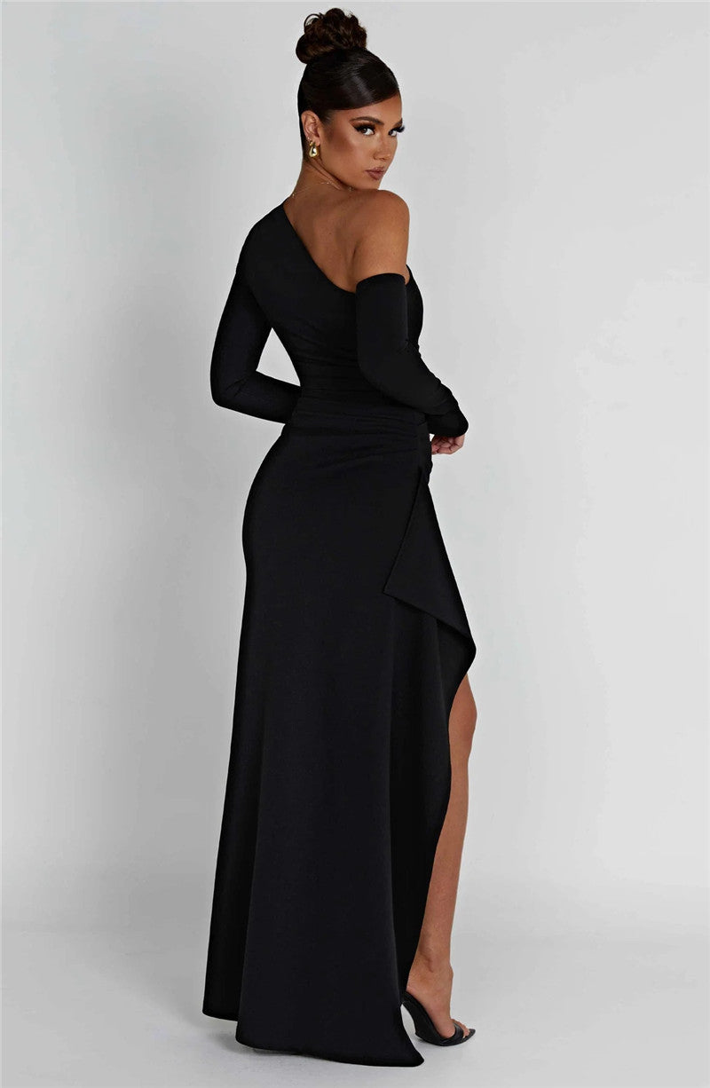 Jenna Oblique Shoulder Thigh High Split Maxi Dress