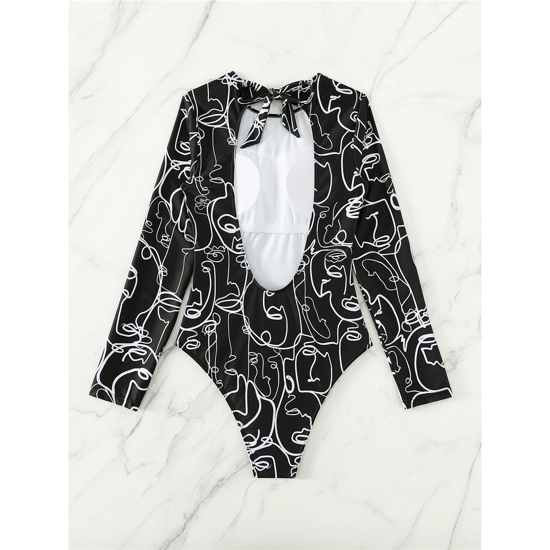 Dana Printed Long Sleeve Backless One Piece Swimsuit