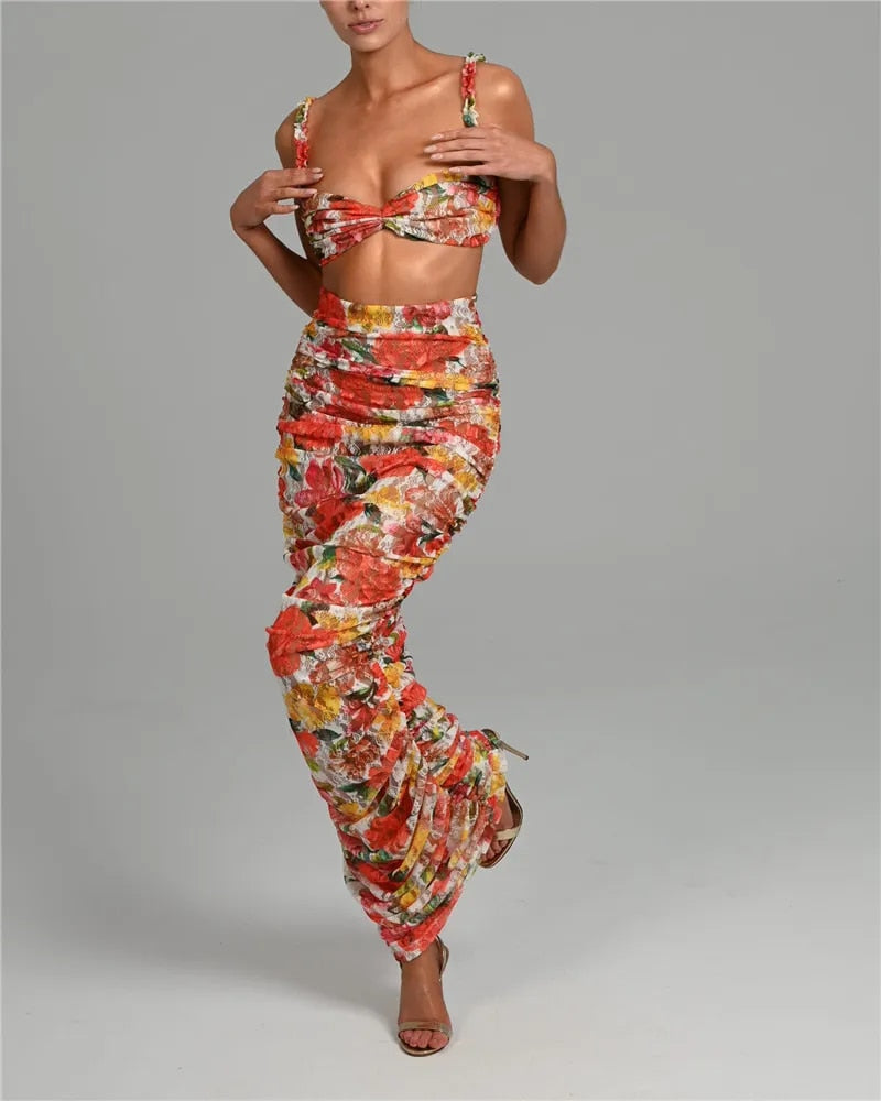 Andrea Strapless Ruched Print Sexy Top And Skirt Set