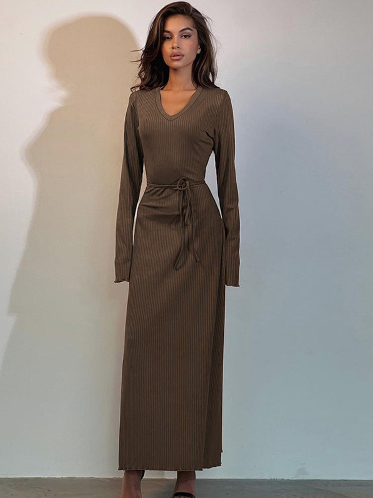 Lorraine V Neck Lace-up Long Sleeve Maxi Dress