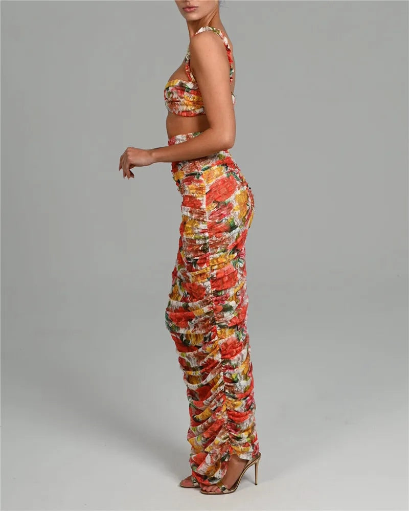 Andrea Strapless Ruched Print Sexy Top And Skirt Set