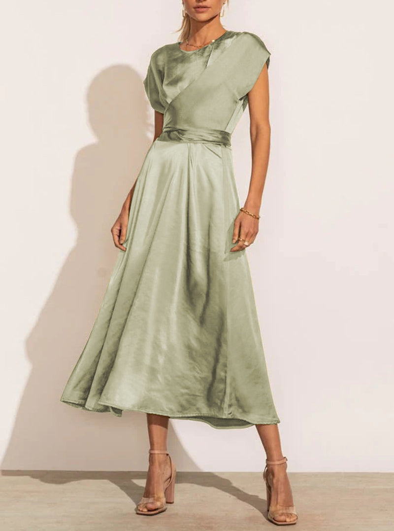 Juliet Cross Sashes Solid Satin O-Neck Sleeveless Long Dress