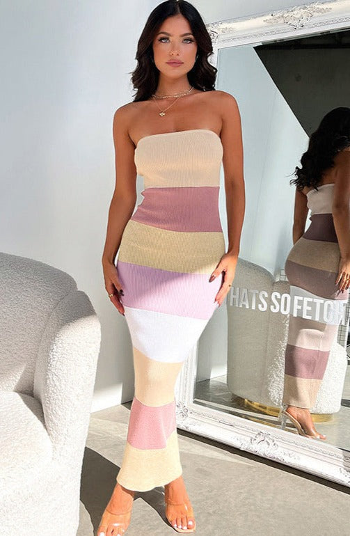 Edith Contrast Colors Strapless Knit Midi Dress