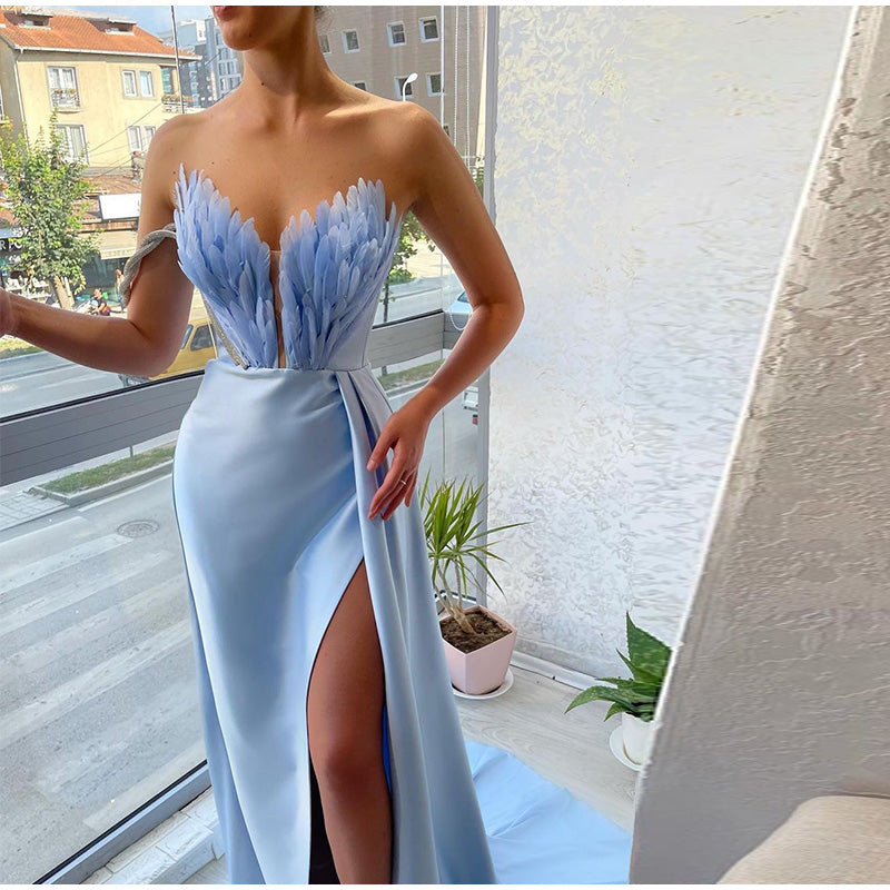 Teresa Off Shoulder Feather Large Hem Slit Maxi Dress