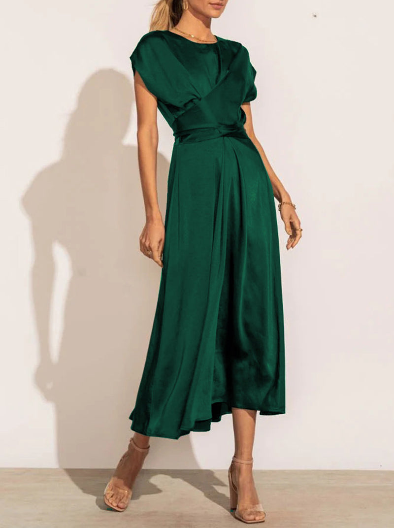 Juliet Cross Sashes Solid Satin O-Neck Sleeveless Long Dress