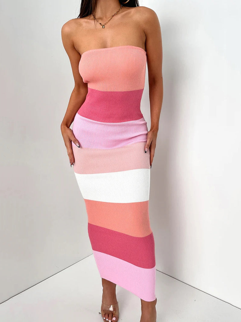 Edith Contrast Colors Strapless Knit Midi Dress