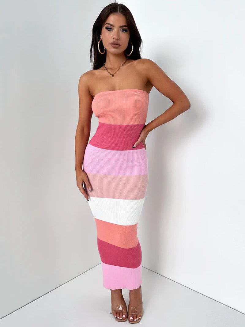 Edith Contrast Colors Strapless Knit Midi Dress