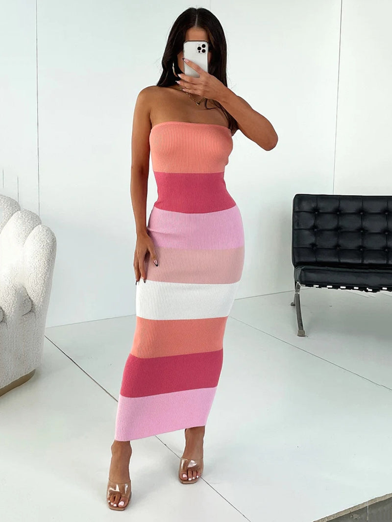 Edith Contrast Colors Strapless Knit Midi Dress