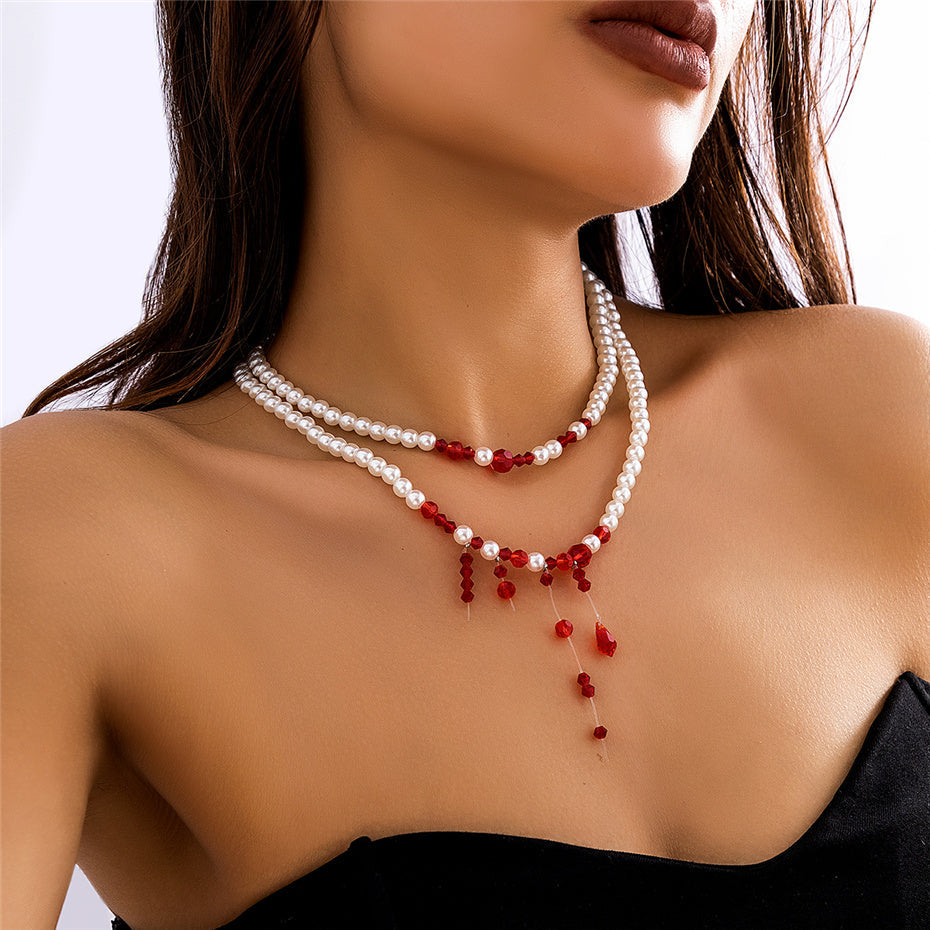 Dawn Vintage Red Blood Pearl Chain Necklace