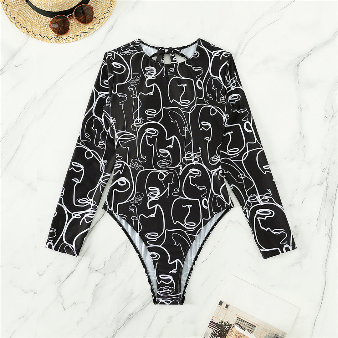 Dana Printed Long Sleeve Backless One Piece Swimsuit