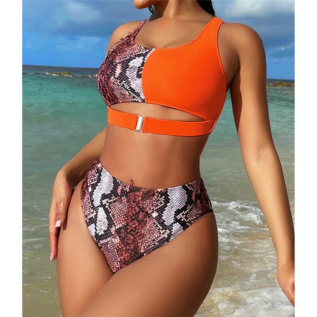 Jade Splicing Snake Skin High Waist Bikini