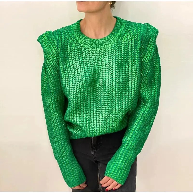 Mary O Neck Shiny Metallic Color Knit Women Sweater