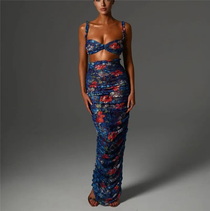 Andrea Strapless Ruched Print Sexy Top And Skirt Set