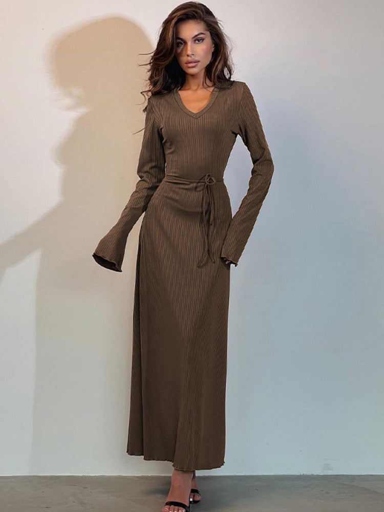 Lorraine V Neck Lace-up Long Sleeve Maxi Dress