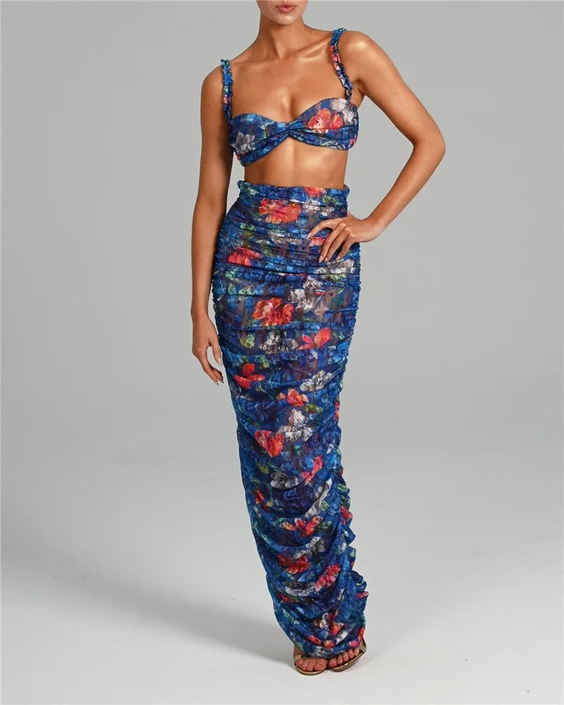 Andrea Strapless Ruched Print Sexy Top And Skirt Set