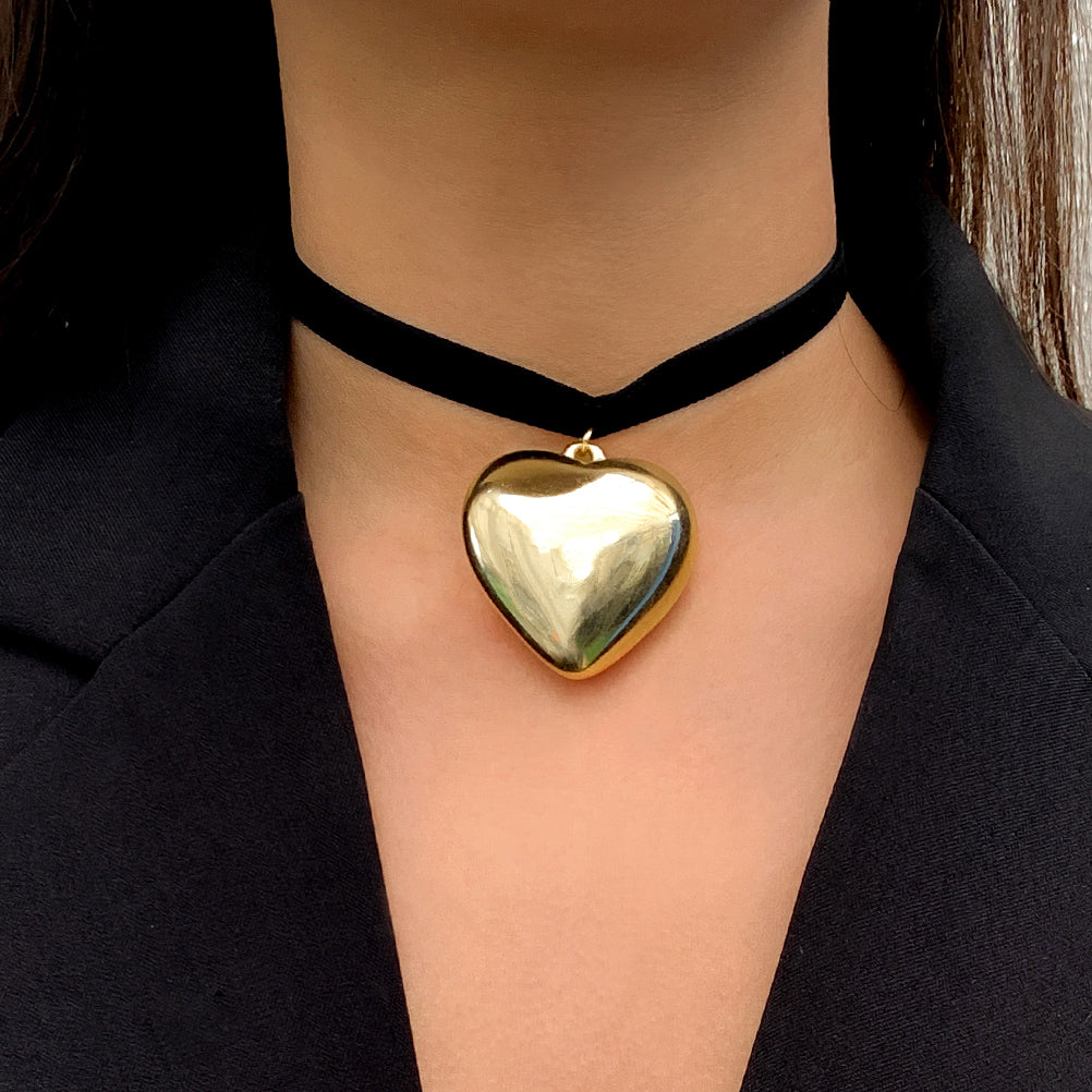 Paula Velvet Big Heart Pendant Choker Necklace