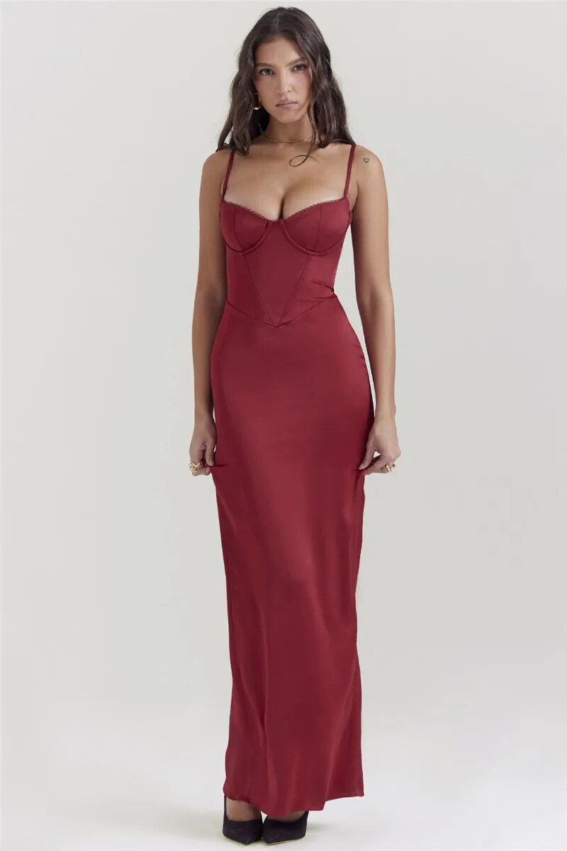 Rose Satin Spaghetti Strap Backless Bodycon Maxi Dress