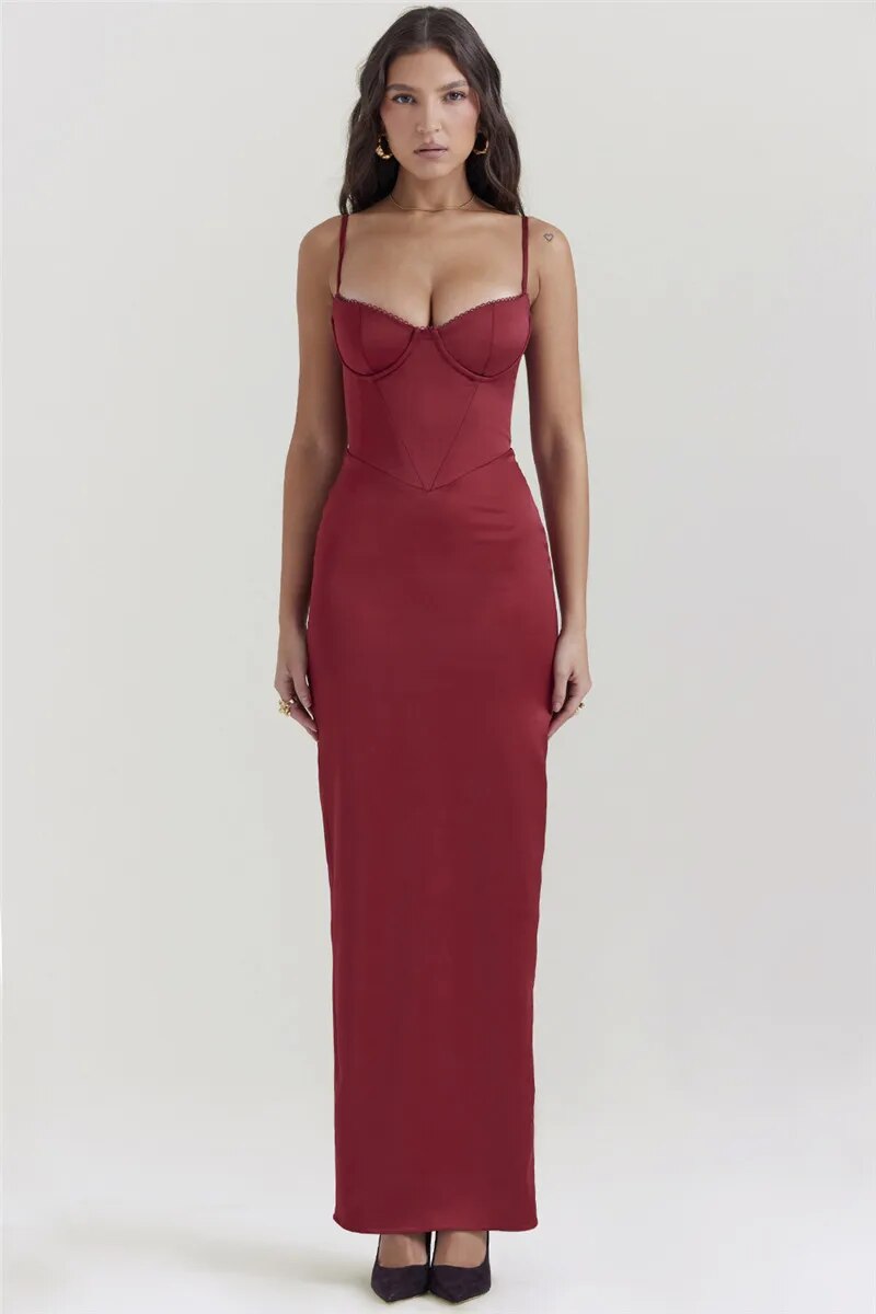 Rose Satin Spaghetti Strap Backless Bodycon Maxi Dress