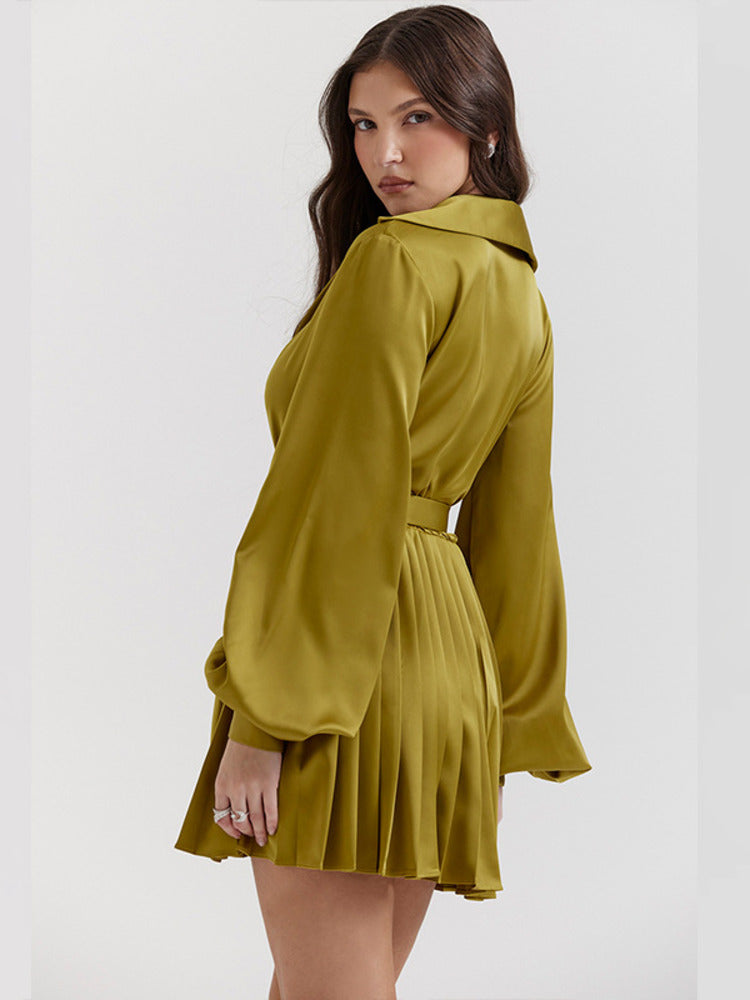 Chantal Satin Pleated Sexy Shirt Dress