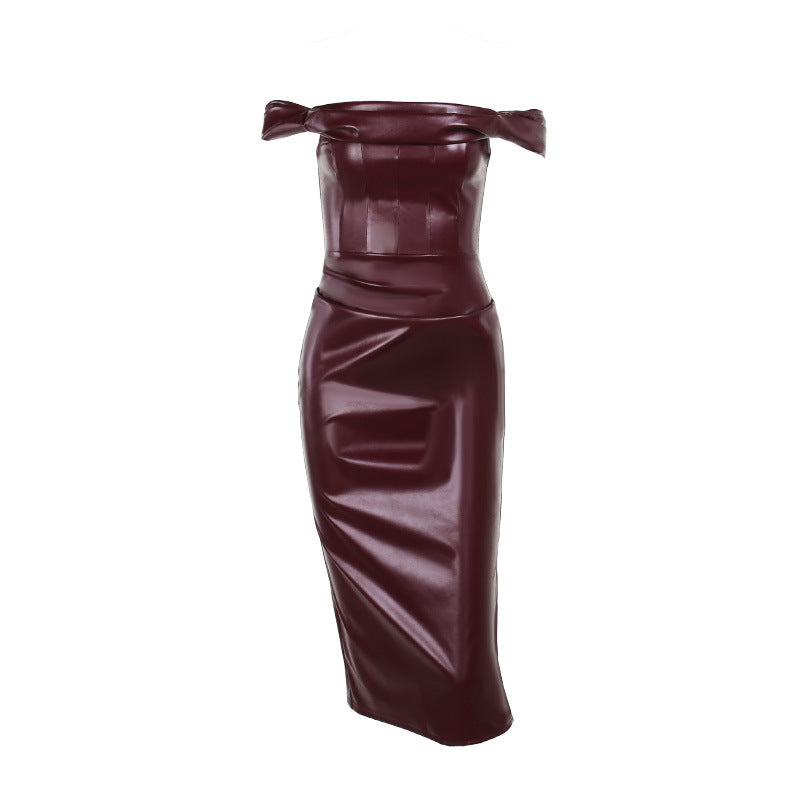 Susan Wine Red Strapless Backless PU Leather Midi Dress